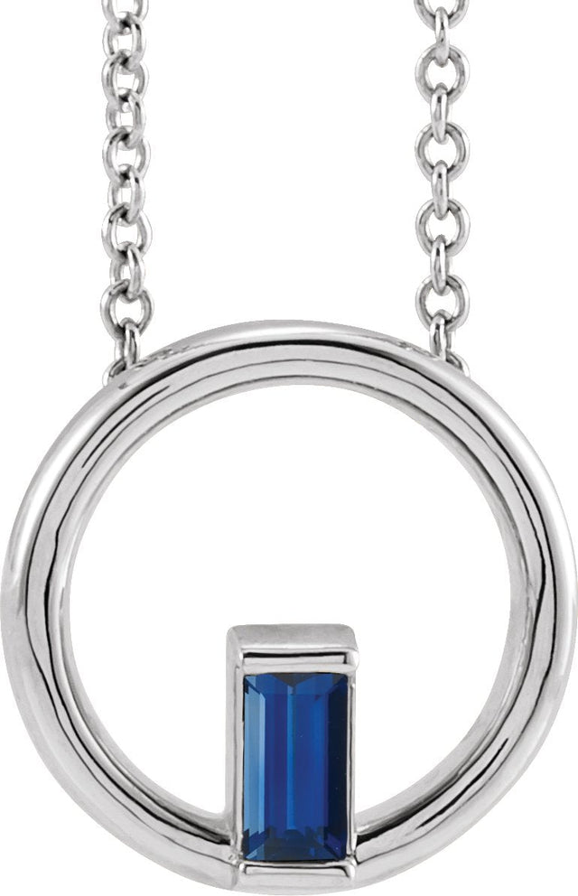 14K Gold Natural Blue Sapphire Straight Baguette Circle Necklace or Pendant - White Gold