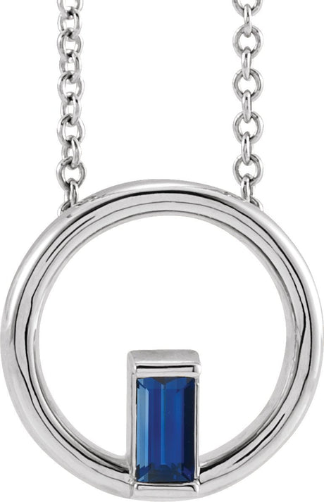 Platinum Natural Blue Sapphire Straight Baguette Circle Necklace or Pendant