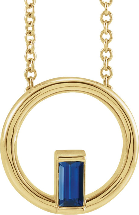 14K Gold Natural Blue Sapphire Straight Baguette Circle Necklace or Pendant - Yellow Gold