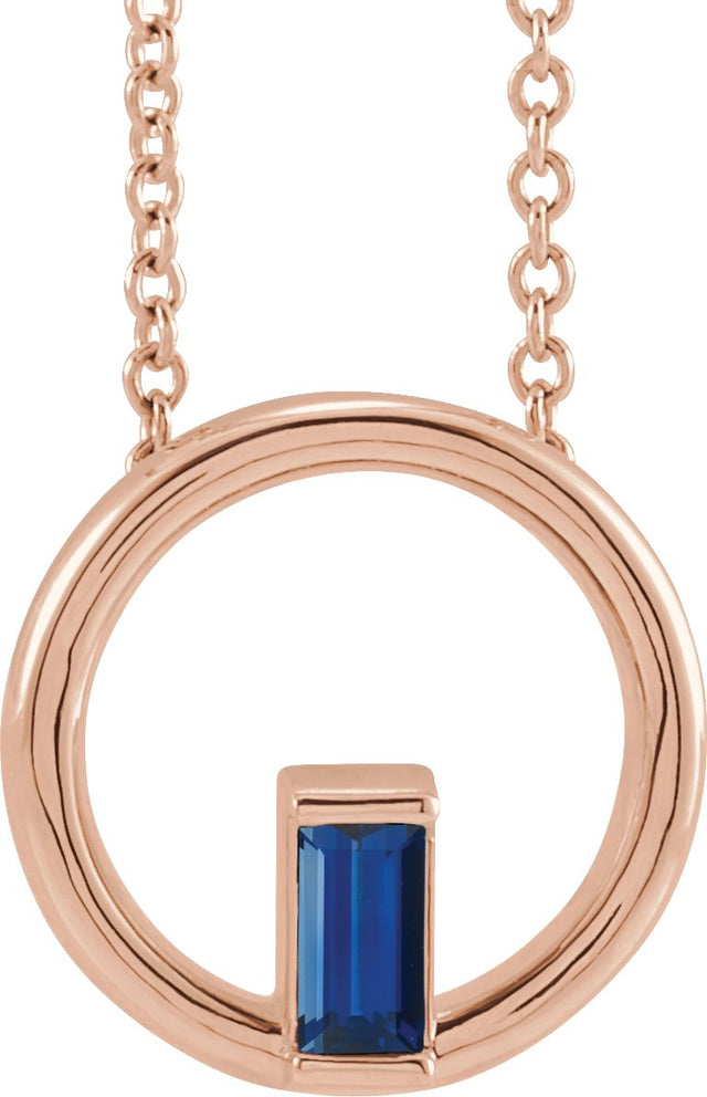 14K Gold Natural Blue Sapphire Straight Baguette Circle Necklace or Pendant - Rose Gold