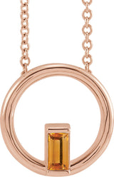14K Gold Natural Citrine Straight Baguette Circle Necklace or Pendant - Rose Gold
