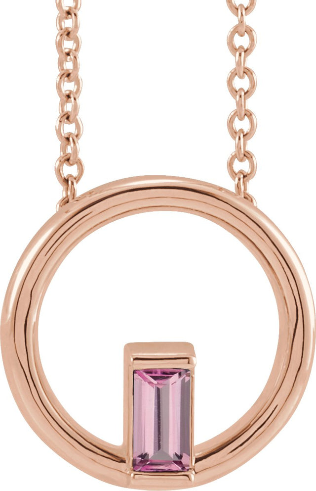 14K Gold Natural Pink Tourmaline Straight Baguette Circle Necklace or Pendant - Rose Gold
