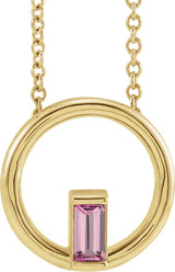 14K Gold Natural Pink Tourmaline Straight Baguette Circle Necklace or Pendant - Yellow Gold