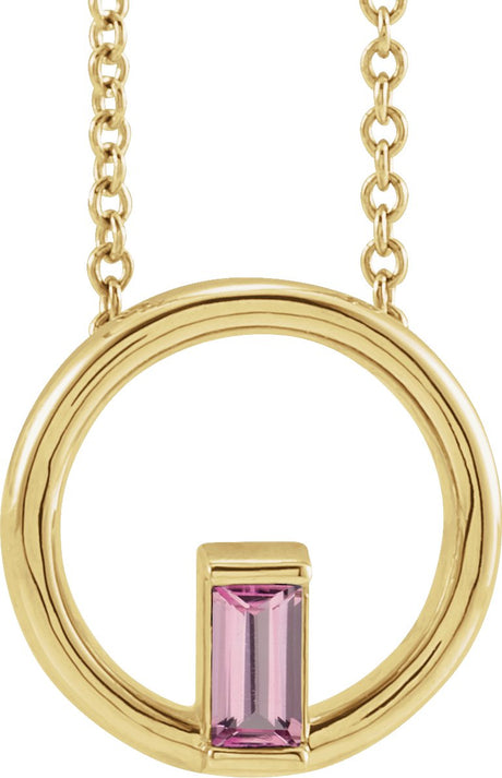 14K Gold Natural Pink Tourmaline Straight Baguette Circle Necklace or Pendant - Yellow Gold