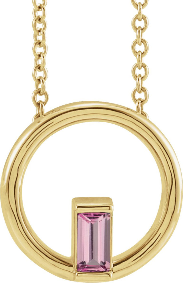 14K Gold Natural Pink Tourmaline Straight Baguette Circle Necklace or Pendant - Yellow Gold