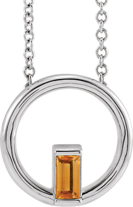Platinum Natural Citrine Straight Baguette Circle Necklace or Pendant