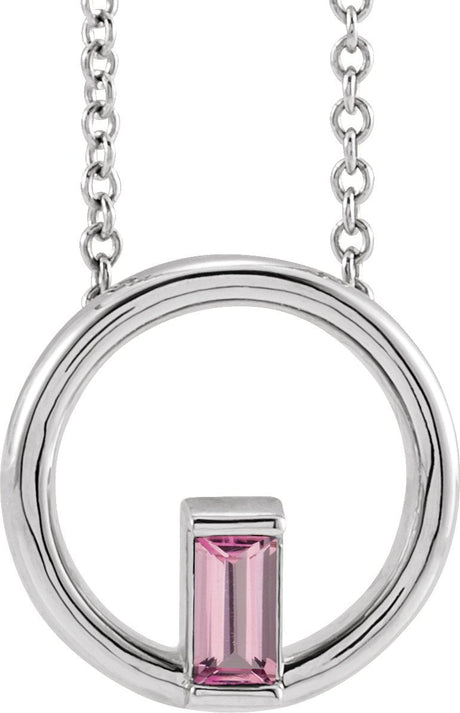 14K Gold Natural Pink Tourmaline Straight Baguette Circle Necklace or Pendant - White Gold