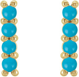 14K Gold Round Natural Turquoise Cabochon Bar Earrings - Yellow Gold - view 6
