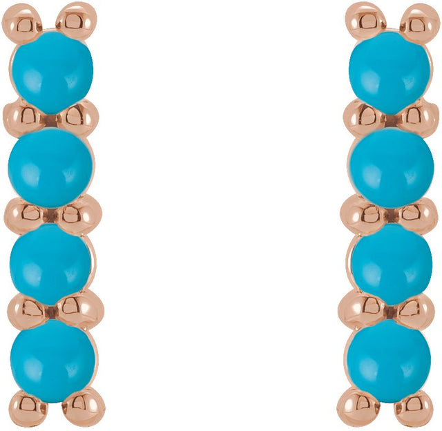 14K Gold Round Natural Turquoise Cabochon Bar Earrings - Rose Gold - view 6