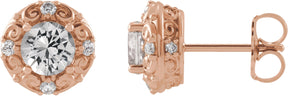 14K Gold Natural White Sapphire & Natural Diamond Round 4-Prong Halo-Style Earrings - Rose Gold