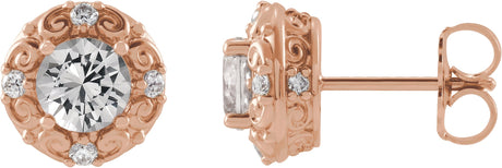 14K Gold Natural White Sapphire & Natural Diamond Round 4-Prong Halo-Style Earrings - Rose Gold