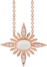 14K Gold Oval Natural Ethiopian Opal & Natural Diamond Star Necklace or Pendant - Rose Gold