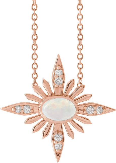 14K Gold Oval Natural Ethiopian Opal & Natural Diamond Star Necklace or Pendant - Rose Gold