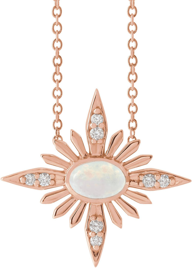 14K Gold Oval Natural Ethiopian Opal & Natural Diamond Star Necklace or Pendant - Rose Gold