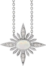 14K Gold Oval Natural Ethiopian Opal & Natural Diamond Star Necklace or Pendant - White Gold