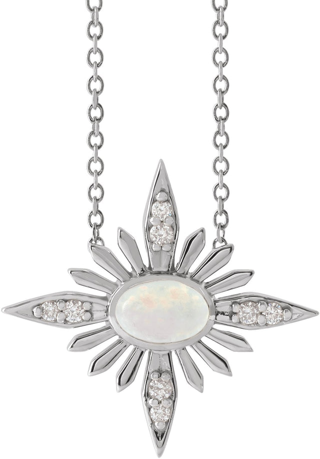 14K Gold Oval Natural Ethiopian Opal & Natural Diamond Star Necklace or Pendant - White Gold