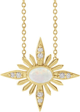 14K Gold Oval Natural Ethiopian Opal & Natural Diamond Star Necklace or Pendant - Yellow Gold