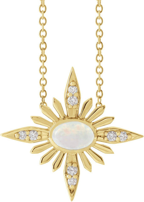 14K Gold Oval Natural Ethiopian Opal & Natural Diamond Star Necklace or Pendant - Yellow Gold