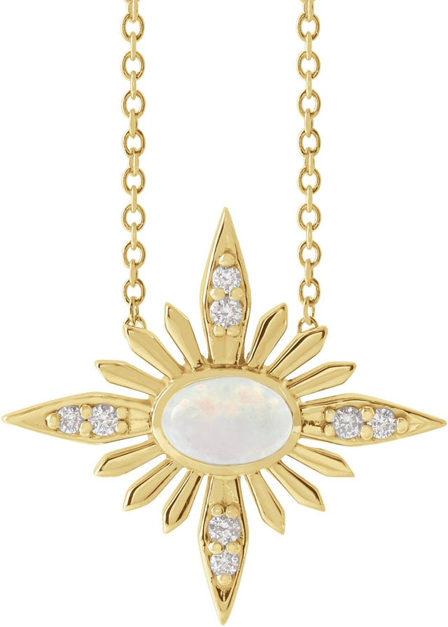 14K Gold Oval Natural Ethiopian Opal & Natural Diamond Star Necklace or Pendant - Yellow Gold
