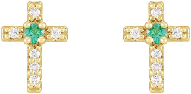 14K Gold Round Natural Emerald Accented Cross Earrings – 1.5-2mm Stones - Yellow Gold - view 4