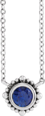 Platinum Round Natural Blue Sapphire Beaded Bezel-Set Necklace
