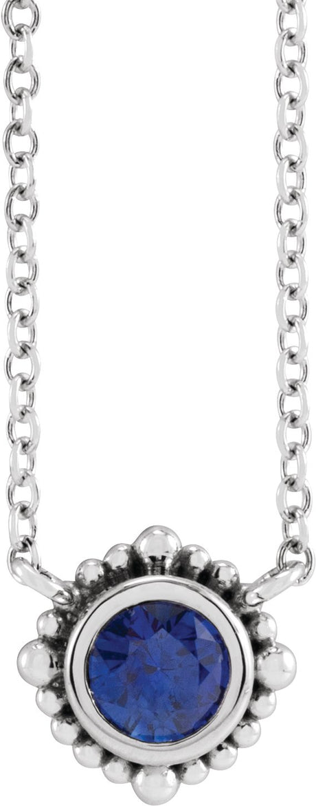 Platinum Round Natural Blue Sapphire Beaded Bezel-Set Necklace