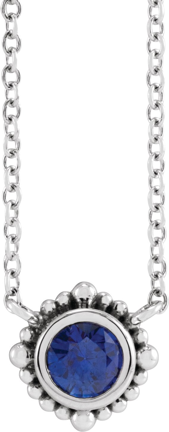 Platinum Round Natural Blue Sapphire Beaded Bezel-Set Necklace