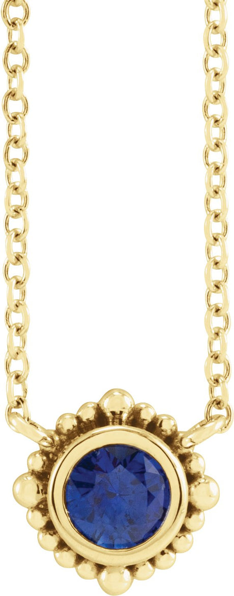 14K Gold Round Natural Blue Sapphire Beaded Bezel-Set Necklace - Yellow Gold