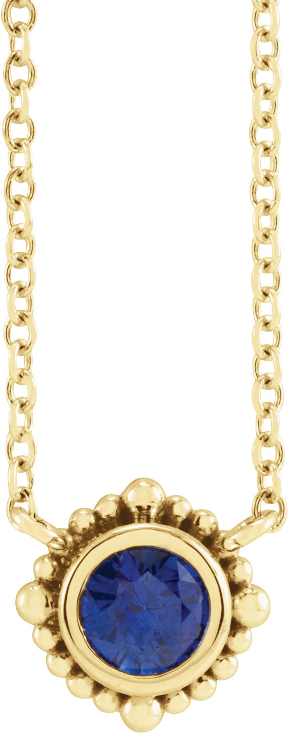 14K Gold Round Natural Blue Sapphire Beaded Bezel-Set Necklace - Yellow Gold