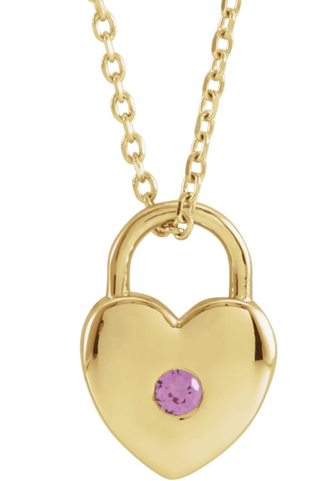 14K Gold Round Natural Pink Sapphire Heart Lock Necklace or Pendant - Yellow Gold