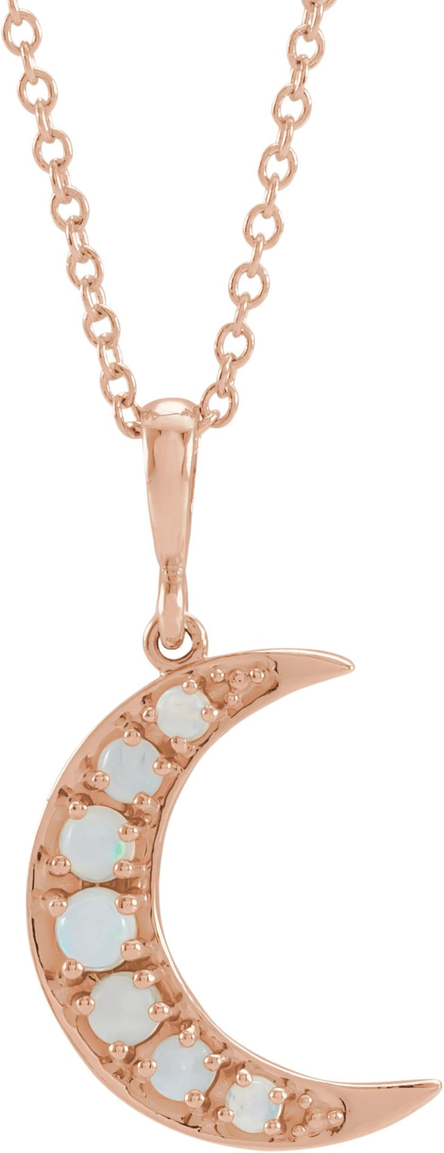 14K Gold Round Natural White Opal Cabochon Crescent Moon Necklace or Pendant - Rose Gold