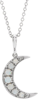Platinum Round Natural White Opal Cabochon Crescent Moon Necklace or Pendant