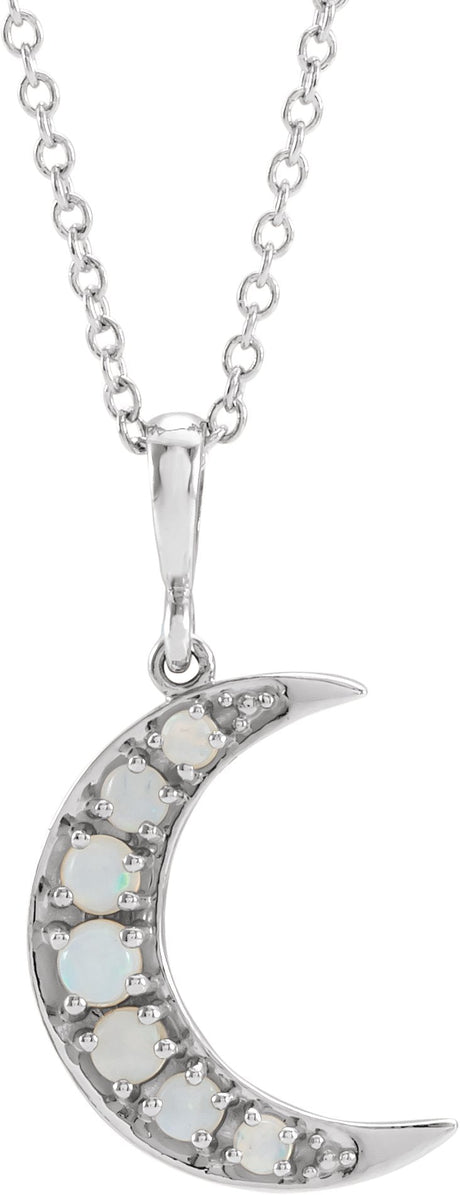14K Gold Round Natural White Opal Cabochon Crescent Moon Necklace or Pendant - White Gold