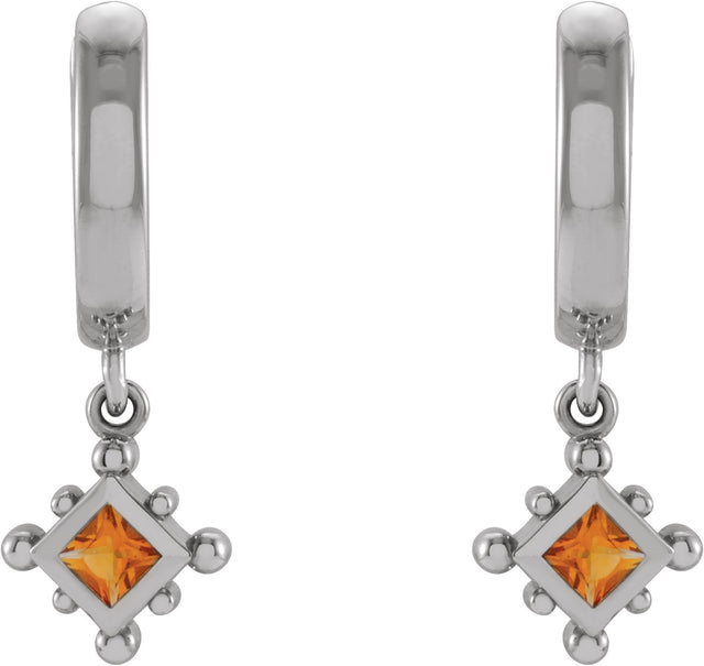 14K Gold Square Natural Citrine Beaded Bezel-Set Hoop Earrings - White Gold - view 4