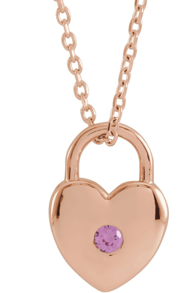 14K Gold Round Natural Pink Sapphire Heart Lock Necklace or Pendant - Rose Gold