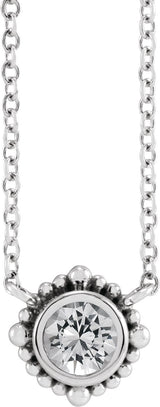 14K Gold Round Natural White Sapphire Beaded Bezel-Set Necklace - White Gold