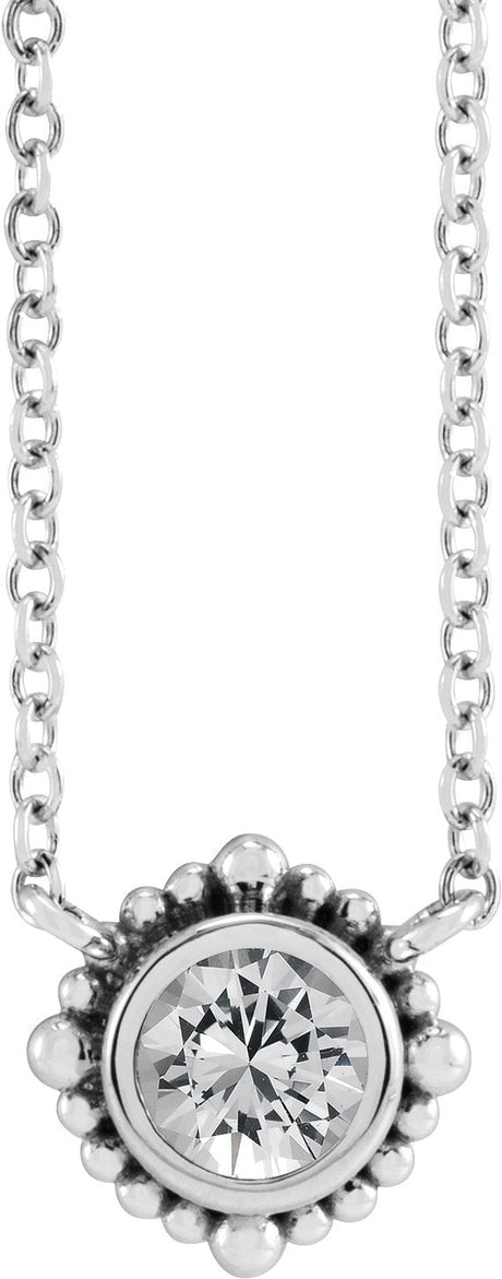 14K Gold Round Natural White Sapphire Beaded Bezel-Set Necklace - White Gold