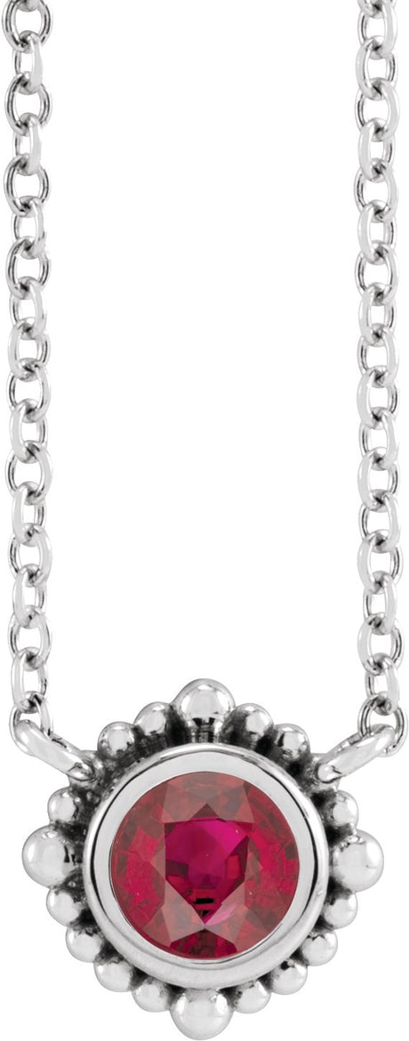 14K Gold Round Natural Ruby Beaded Bezel-Set Necklace - White Gold