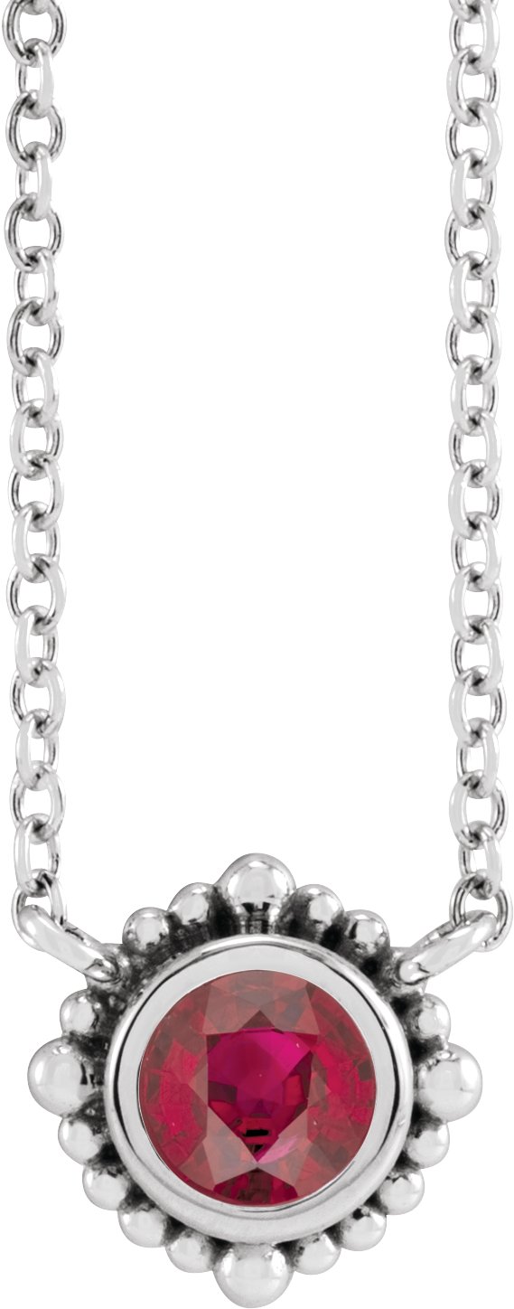 14K Gold Round Natural Ruby Beaded Bezel-Set Necklace - White Gold