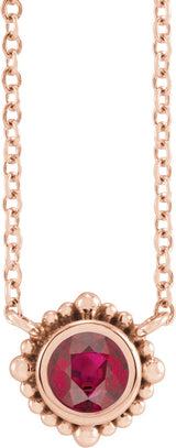 14K Gold Round Natural Ruby Beaded Bezel-Set Necklace - Rose Gold