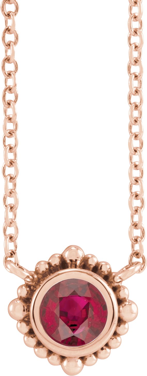 14K Gold Round Natural Ruby Beaded Bezel-Set Necklace - Rose Gold