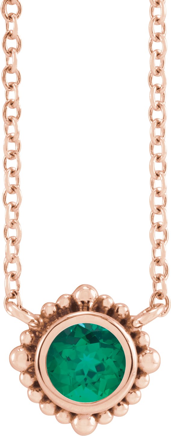14K Gold Round Natural Emerald Beaded Bezel-Set Necklace - Rose Gold