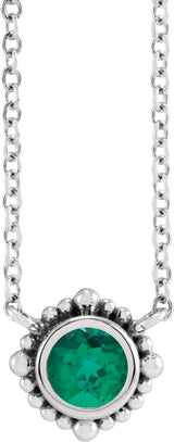 14K Gold Round Natural Emerald Beaded Bezel-Set Necklace - White Gold