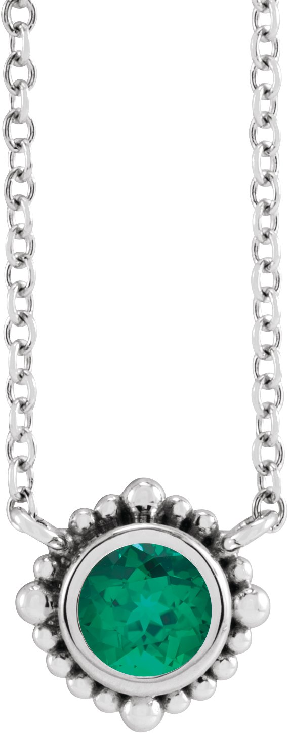 14K Gold Round Natural Emerald Beaded Bezel-Set Necklace - White Gold