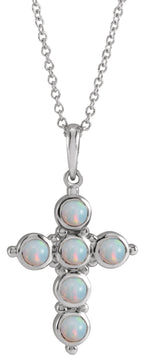 Platinum Round Natural White Ethiopian Opal Cabochon Cross Necklace or Pendant