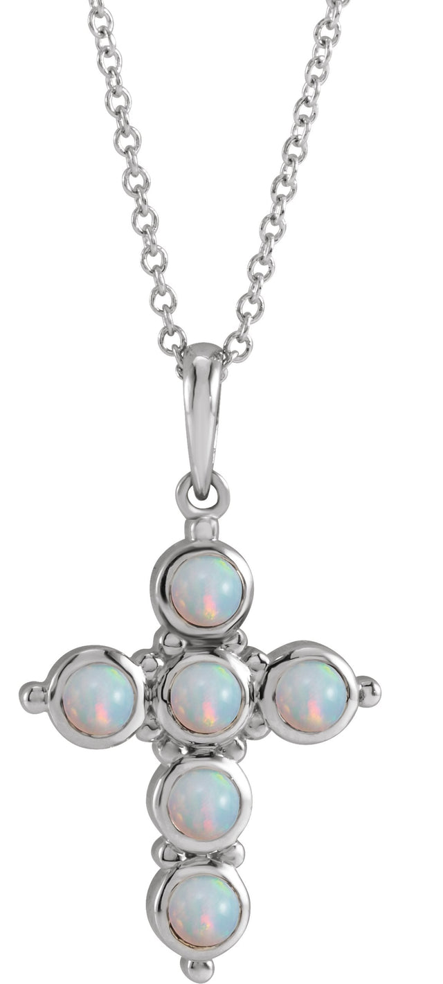Platinum Round Natural White Ethiopian Opal Cabochon Cross Necklace or Pendant