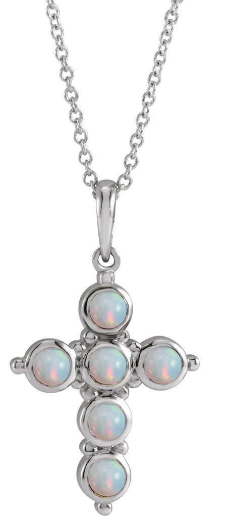 14K Gold Round Natural White Ethiopian Opal Cabochon Cross Necklace or Pendant - White Gold