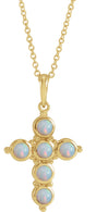 14K Gold Round Natural White Ethiopian Opal Cabochon Cross Necklace or Pendant - Yellow Gold