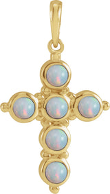 14K Gold Round Natural White Ethiopian Opal Cabochon Cross Necklace or Pendant - Yellow Gold