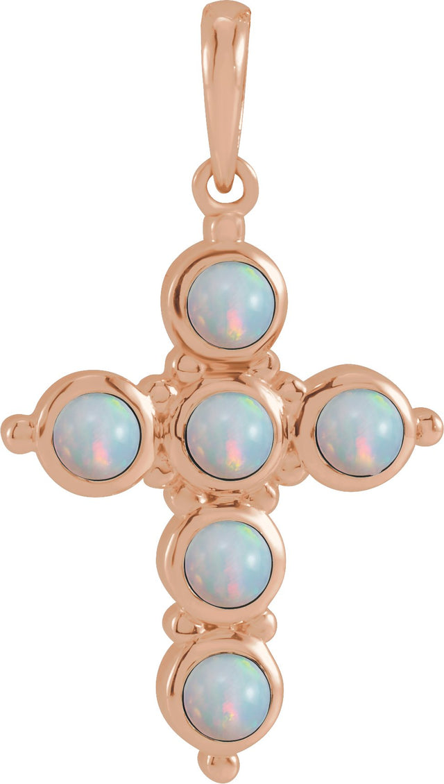 14K Gold Round Natural White Ethiopian Opal Cabochon Cross Necklace or Pendant - Rose Gold